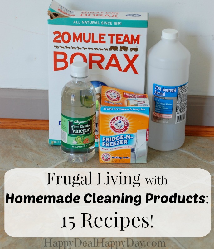 Frugal Living with Homemade Cleaning Products: Here are 15 recipes to use in your Kitchen, bathroom, laundry and more. These are both natural and frugal homemade cleaning products! happydealhappyday.com