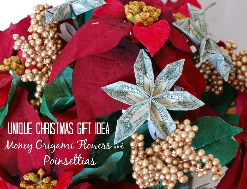 Unique Christmas Gift Ideas: Poinsettias With Money Origami Flower! This is a great housewarming gift - or a great one for White Elephant party or Yankee swap! GO HERE for full tutorial: http://wp.me/pUbK5-t0N