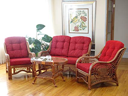 wicker furniture with red cushions