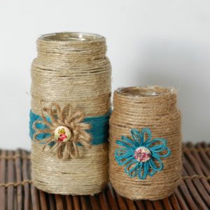 twine covered jars with flower loom flowers