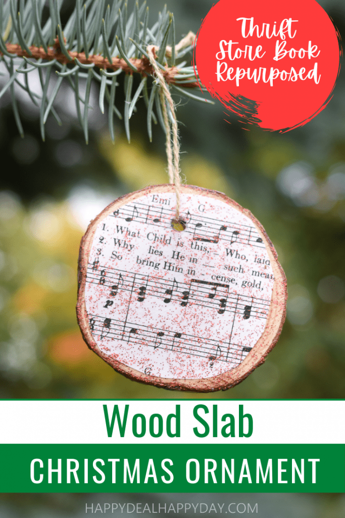 DIY Christmas Ornament using wood slabs and thrift store books