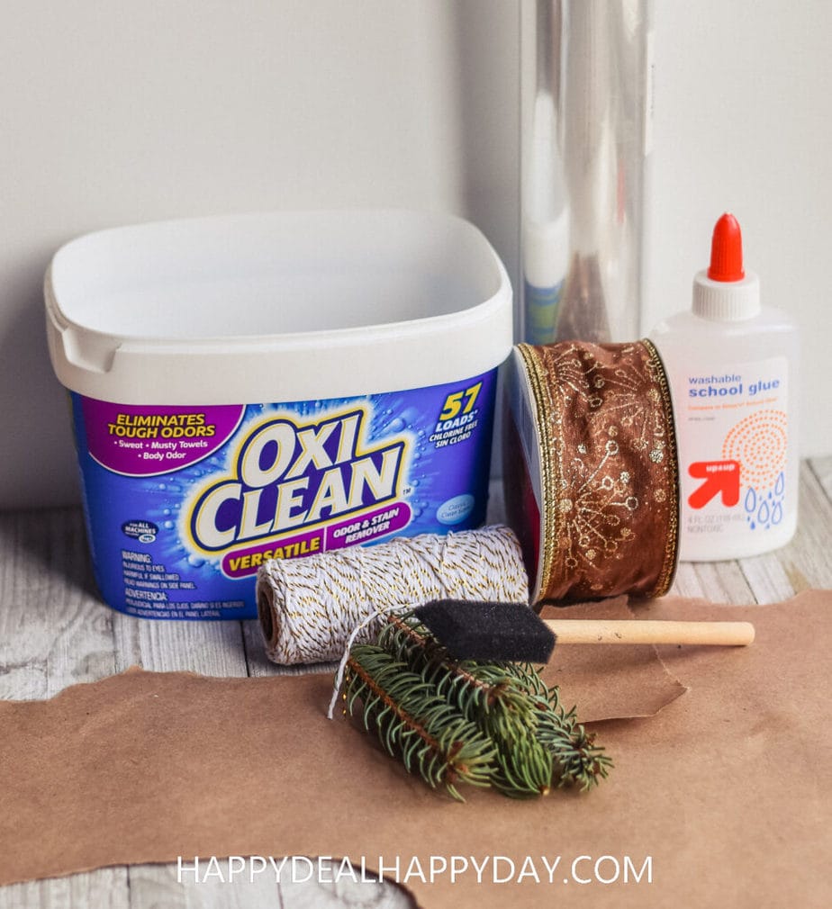 materials needed to upcycle a plastic Oxiclean tub for a Gift Wrapping Idea for Christmas