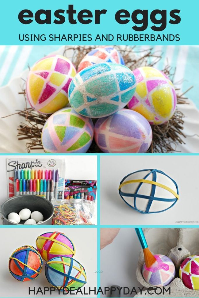 Easter Egg Decorating Idea Using Sharpies! No messy dyes used in this one - you just need rubberbands, sharpies, and glitter glue!