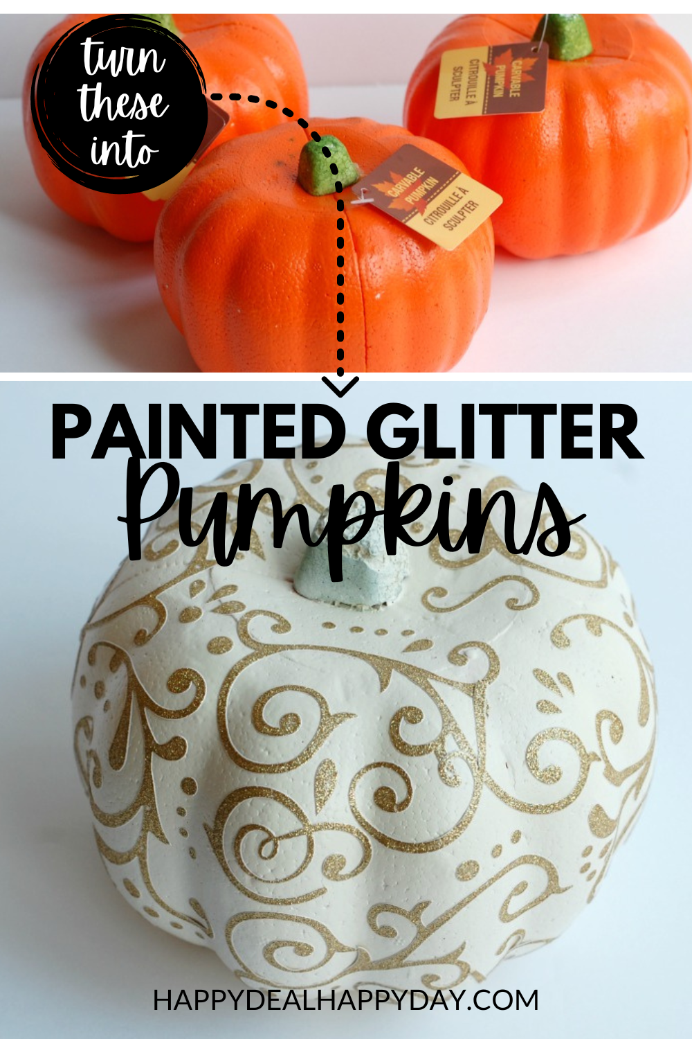 Learn how to make DIY glitter pumpkins 3 different ways using styrofoam pumpkins from the dollar tree.