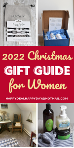 2022 Christmas Gift Guide for Women. Images feature stylish bracelet hair ties, a cozy room setting, bath products, and a gift set in a box.