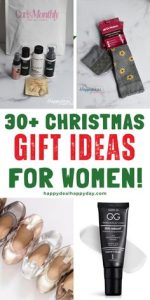 Collage of Christmas gift ideas for women, including hair products, compression socks, ballet flats, and skincare. Text reads "30+ Christmas Gift Ideas for Women!"