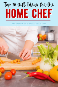 A person in a white shirt chops carrots on a wooden board with colorful vegetables around. Text reads "Top 10 Gift Ideas for the Home Chef."