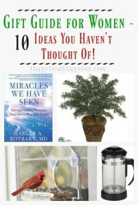 Gift guide for women featuring a book titled "Miracles We Have Seen," a potted plant, a window bird feeder, and a glass coffee press.