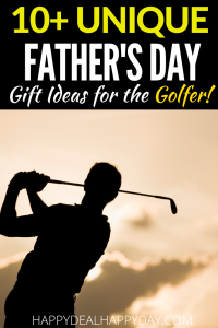 Silhouette of a golfer swinging against a sunset sky, with text reading "10+ Unique Father's Day Gift Ideas for the Golfer" in bold letters.