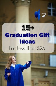 Smiling graduate tosses a blue cap in front of a columned building. Text overlay: "15+ Graduation Gift Ideas For Less Than $25."