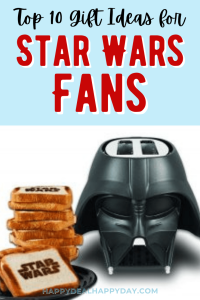 Top gift ideas for Star Wars fans. A Darth Vader toaster with bread slices stamped "Star Wars" beside it. Fun and themed kitchen gadget.